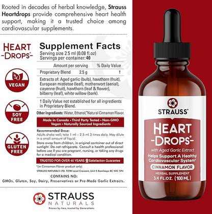 Strauss Naturals Heartdrops, Herbal Heart Supplements with European Mistletoe and Extracts of Aged Garlic, 3.4 fl oz, Cinnamon Flavor