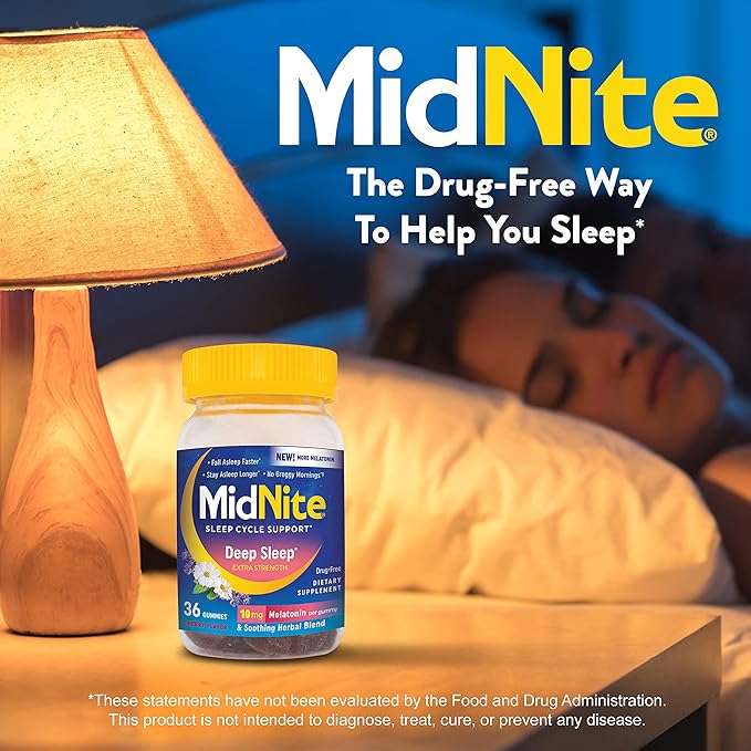 MidNite Deep Sleep Extra Strength, 10 mg Melatonin Sleep Aid, Non-Habit Forming, Herbal Dietary Supplement for Adults, Drug-Free, Gluten-Free, Lactose-Free, Vegetarian-Friendly, 36 Gummies