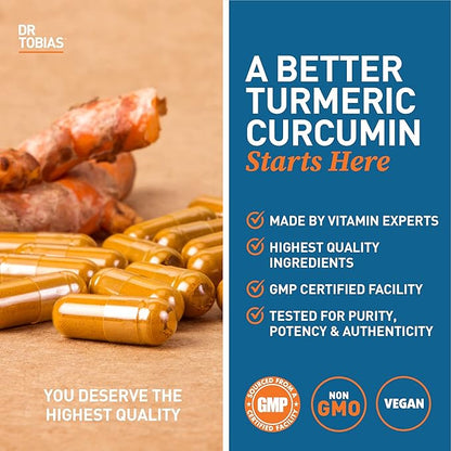 Dr. Tobias Turmeric Curcumin 1500mg with BioPerine – Extra Strength Supplement with 95% Curcuminoids for Joint Support, Overall Vitality & Immune Health, 120 Vegan Capsules, Non-GMO