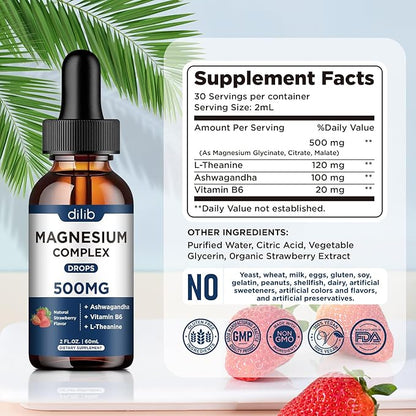 Triple Magnesium Complex Supplement-Magnesium Glycinate, Citrate, Malate Liquid Drops 500mg with Ashwagandha, L-Theanine, Vitamin B6 for Stress Relief, Sleep, Muscle Support-Strawberry Flavor