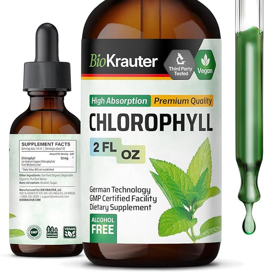 BIO KRAUTER Liquid Chlorophyll Drops - Cleanse & Immune Support - Internal Deodorant - Sodium Copper Chlorophyllin Extract Supplement - 2 fl oz
