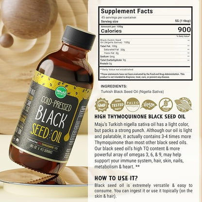 MAJU Black Seed Oil - 3 Times Thymoquinone, Cold-Pressed, 100% Turkish Black Cumin Seed Oil, Liquid Pure Blackseed Oil, Glass Bottle, 8 oz