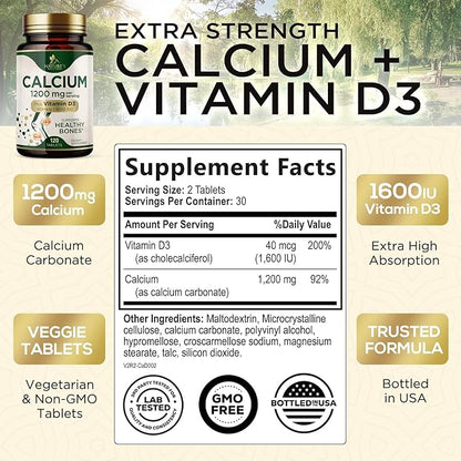 Calcium 1200 mg with Vitamin D3, Calcium Supplement Vitamins, Supports Bone Strength, Teeth & Immune System, Calcium Supplements for Women & Men, Nature's Absorbable Calcium Carbonate - 60 Tablets