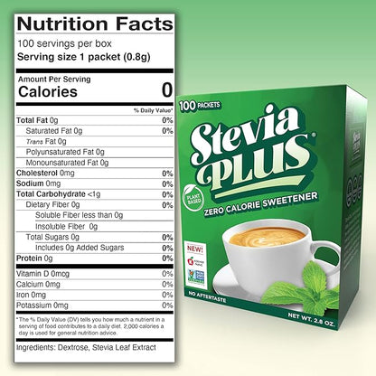 SweetLeaf Stevia Plus Powder Packets- Zero Calorie Sweetener with Stevia Leaf Extract, No Artificial Sweetener Additive, Sugar Free, Keto Friendly, Non GMO, Gluten Free- 100 Count (Pack of 1)