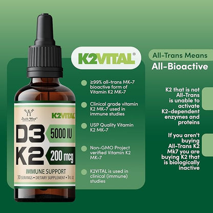 Vitamin D3 K2 5,000 IU Liquid Drops (5,000 IU of D3 and 200mcg of 99.9% All-Trans Patented K2 MK-7 (K2Vital)) Max Absorption Liquid Vitamin D Drops (30 Servings) by Double Wood