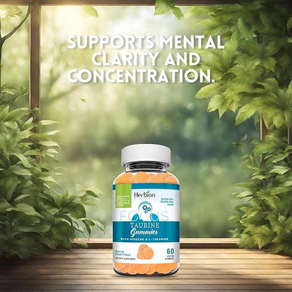 HERBION Naturals Taurine Gummies with Ginseng, L-Theanine, Vitamin C, B3, B6, & B12, Helps Support Mental Clarity & Concentration*, Natural Peach Flavor, Gluten-Free, 60 Pectin Gummies, Made in USA