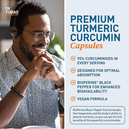 Dr. Tobias Turmeric Curcumin 1500mg with BioPerine – Extra Strength Supplement with 95% Curcuminoids for Joint Support, Overall Vitality & Immune Health, 120 Vegan Capsules, Non-GMO