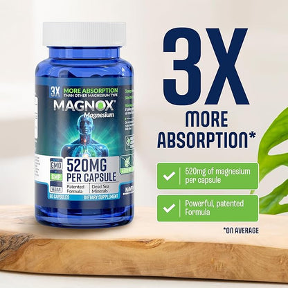 MAGNOX® 520 | Magnesium Supplement 520mg of High Absorption Magnesium for Men & Women with Dead Sea Minerals | 3X More Absorption | Patented Formula | Fast Sleep & Muscle Pain Relief (60 Vegan Caps)