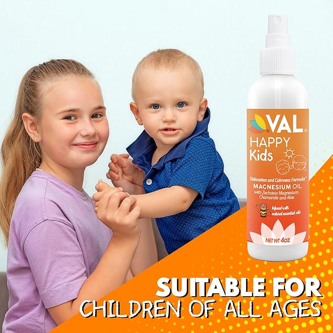 VAL Magnesium Oil Spray for Kids | Relaxation for Daytime & Bedtime | Calm & Mood Support | Zechstein Magnesium Chloride, Chamomile, Aloe & Essential Oils | No Itch, Fast-Absorbing | USA Made | 4oz