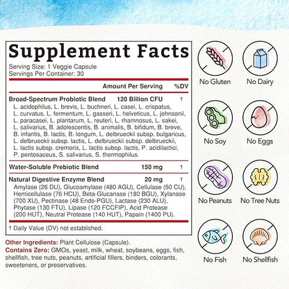 Bonawell Probiotics 120 Billion CFU 32 Strains with Prebiotics, Digestive Enzymes for Gut Health, 3-in-1 Daily Probiotic, Shelf-Stable, Delayed-Release, 30 Veggie Caps