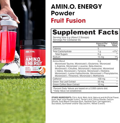 Optimum Nutrition Amino Energy - Pre Workout with Green Tea, BCAA, Amino Acids, Keto Friendly, Green Coffee Extract, Energy Powder - Fruit Fusion, 65 Servings (Packaging May Vary)