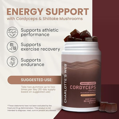 Charlotte's Web Energy Support Mushroom Gummies w/Cordyceps & Shiitake Mushrooms, Caffeine-Free Energy Supplements — Cordyceps Mushroom Gummies, Peach Iced Tea Flavor (30 Servings)