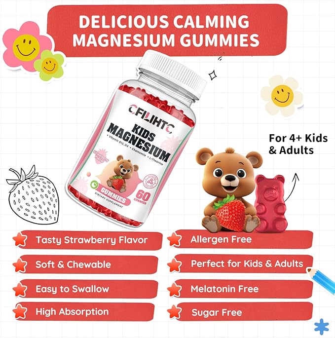 Kids Magnesium Glycinate Gummies with Calm Magnesium Citrate, L-Threonate Supplement for Kids & Adults with Zinc, Vitamin D3, B12, L-Theanine for Sleep Bone & Muscle Mood, Strawberry, 60ct