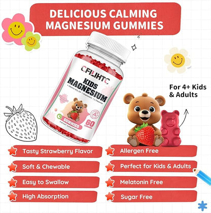 Kids Magnesium Glycinate Gummies with Calm Magnesium Citrate, L-Threonate Supplement for Kids & Adults with Zinc, Vitamin D3, B12, L-Theanine for Sleep Bone & Muscle Mood, Strawberry, 60ct