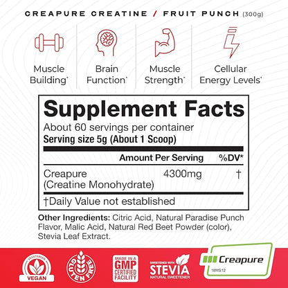 Muscle Feast Creapure Creatine Monohydrate Powder, Vegan Keto Friendly Gluten-Free Easy to Mix, Muscle Recovery Supplement and Best Creatine for Muscle Growth, Natural Fruit Punch, 300g