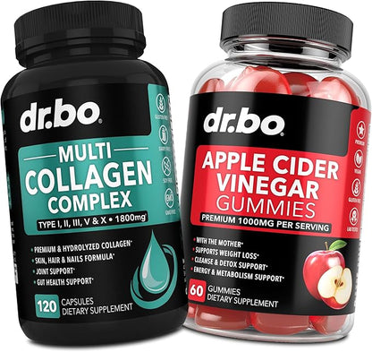 Multi Collagen Peptides & ACV Gummies - Type I, II, III, V, & X Multi Collagen for Women & Men Complex Capsules for Skin, Hair & Nails - ACV Apple Cider Vinegar Gummies to Detox, Cleansing, Digestion