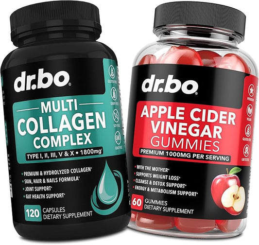 Multi Collagen Peptides & ACV Gummies - Type I, II, III, V, & X Multi Collagen for Women & Men Complex Capsules for Skin, Hair & Nails - ACV Apple Cider Vinegar Gummies to Detox, Cleansing, Digestion