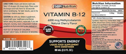 Extra Strength 6000mcg Vitamin B12 Sublingual Liquid Drops - Methylcobalamin, VIT B 12 Supports Energy, Max Absorption, 60 Servings, Non-GMO, Vegan Friendly, Manufactured in The USA