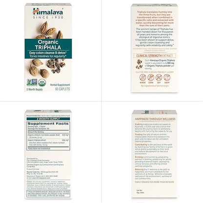 Himalaya Organic Triphala, 2 Month Supply, for Colon Cleanse, Detox & Occasional Constipation, USDA Certified Organic, Non-GMO, Gluten-Free, Extract & Powder Herbal Supplement, 688 mg, 60 Caplets