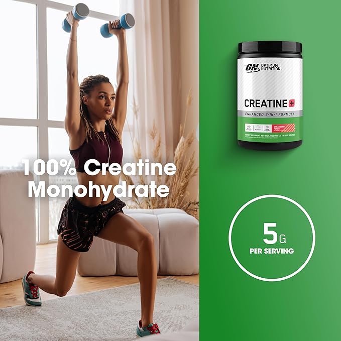 Optimum Nutrition Creatine Monohydrate Plus Powder, Strawberry Peach Flavored Creatine Performance Blend, with Electrolytes for Hydration, Added Vitamins, 80 Servings, 720 Grams (Packaging May Vary)