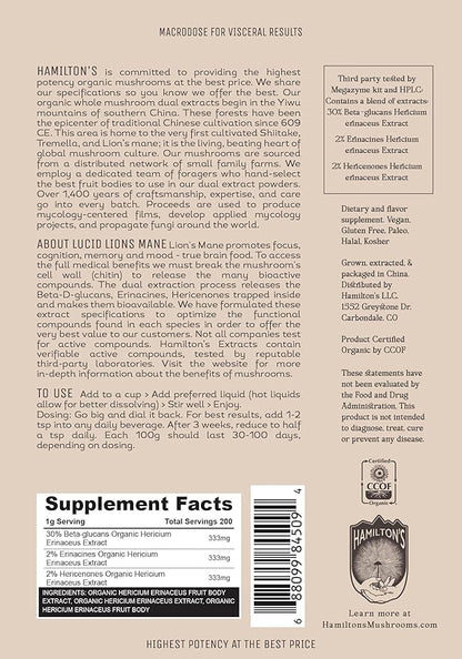 Hamilton’s Lucid Lion’s Mane | Organic Mushroom Extract Powder for Synapse Repair, Nerve Growth Factor, Focus, Memory, and Concentration | High Potency | 30% Beta Glucans | GF, Non-GMO, Vegan (200g)