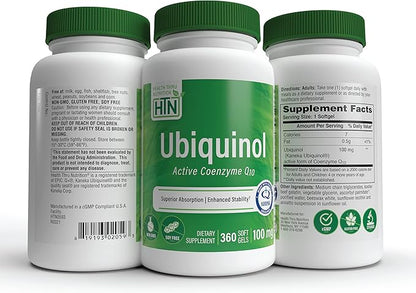 Health Thru Nutrition Ubiquinol 100mg 360 Softgels as Kaneka QH Reduced CoQ-10 | Stabilized - 3rd Party Tested | Enhanced Bioavailability | Cardiovascular & Mitochondria Function Support | Non-GMO