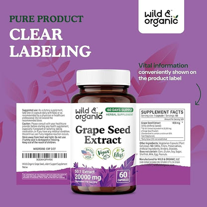 Wild & Organic Grape Seed Extract Capsules - 20,000 mg Strength Grapeseed Extract Equivalent - 95% Polyphenols - 400 mg per Serving - 2 Month Supply - 60 Vegan Capsules - Non-GMO