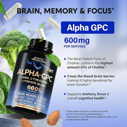Alpha GPC Supplement with L-Theanine | L-tyrosine | Vitamin B6 & B12 - Alpha GPC 600 mg for Focus, Memory & Energy - Bioactive Choline for Brain & Cognition - for Men & Women - Made in USA - 60 Caps