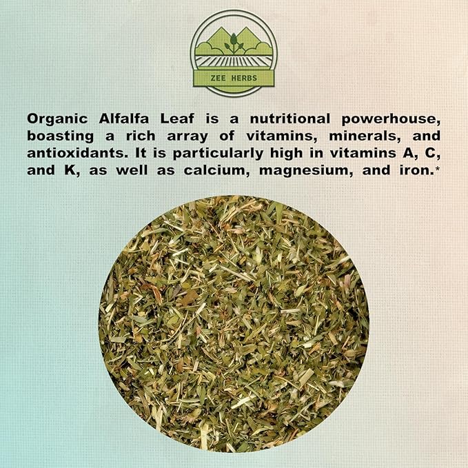 ZeeHERBS Organic Alfalfa Leaf 4 oz. (113g) Pack, USDA Certified Organic Alfalfa Leaf Herb Loose Leaf Tea, Premium Quality Medicago Sativa Herb, Cut & Sifted, Alfalfa Tea Leaves