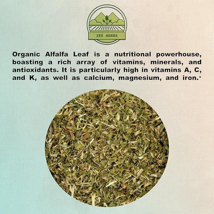 ZeeHERBS Organic Alfalfa Leaf 4 oz. (113g) Pack, USDA Certified Organic Alfalfa Leaf Herb Loose Leaf Tea, Premium Quality Medicago Sativa Herb, Cut & Sifted, Alfalfa Tea Leaves