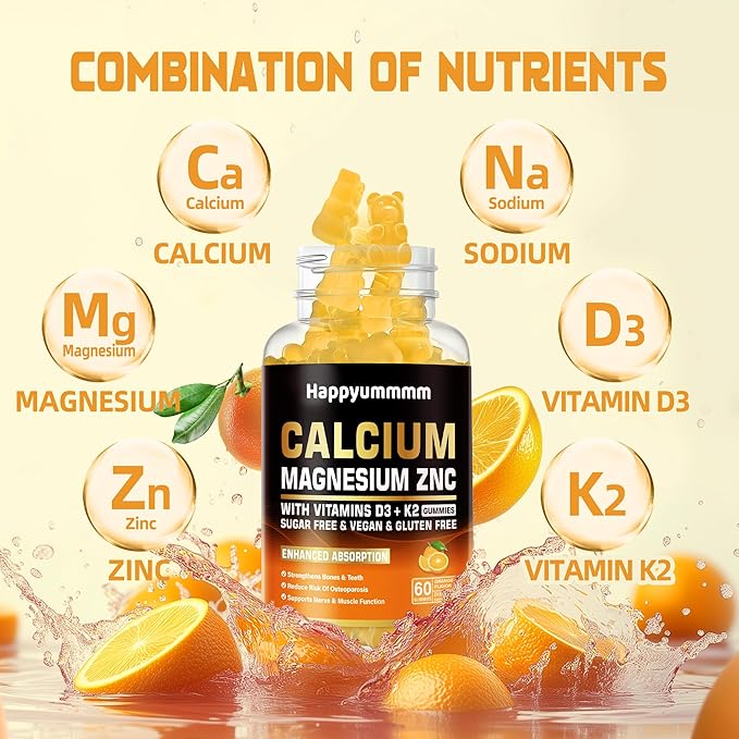 Calcium Magnesium Zinc Gummies with Vitamin D3 & K2 - High Potency Enhanced Absorption -60 Orange Gummies Flavored.