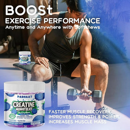 Creatine Monohydrate Chews Complex 6400mg for Men & Women -Advanced Formula W/L-Taurine + Vitamin B12, Sugar Free Chewable Supplement,60 Blueberry Softchews