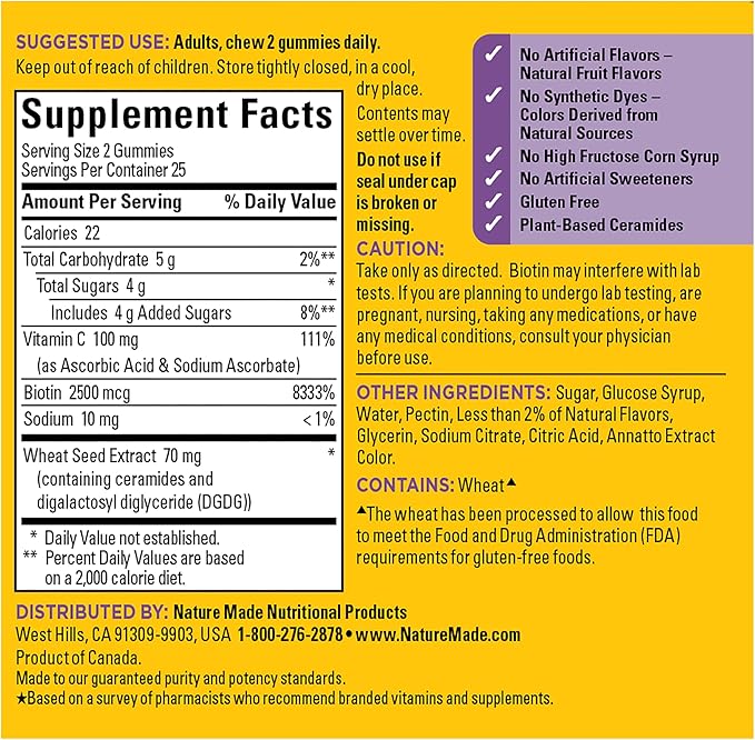 Nature Made Skin Hydration Gummies Plus Plant-Sourced Ceramides, Support Healthy Skin As You Age, with Biotin & Vitamin C, 50 Gummies, 25 Day Supply