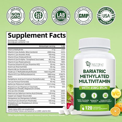 Bariatric Multivitamin with Iron 45mg, Methylated Multivitamin with Vitamin B12 & Methylfolate, Post Surgery Vitamins for Gastric Bypass & Sleeve Patients, Iron Supplement for Women & Men - 120 Caps