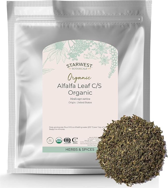 Starwest Botanicals Organic Alfalfa Leaf - Dried Loose Leaf Herb for Nutrition, Use in Tea, Juice, & Smoothies, Cut & Sifted, Certified Kosher, Non-GMO - Bulk 1 lb Bag