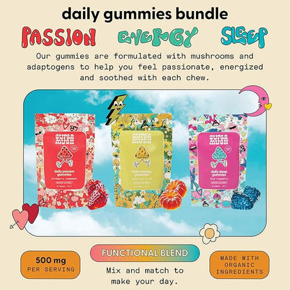 Daily Gummies (Trio Bundle) - Daily Passion, Energy, & Sleep - Mushroom Gummies - Natural, Organic, Vegan, & Sugar-Free Mushroom Supplement - Ashwagandha Supplements with Cordyceps