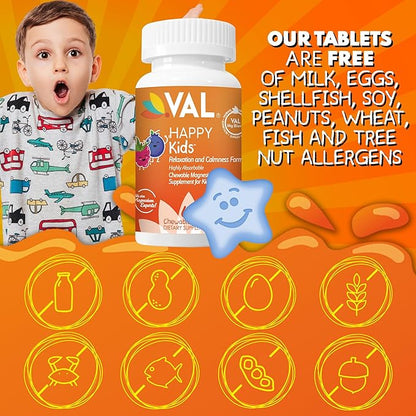 VAL Magnesium for Kids | High-Absorption Magnesium for Calm, Relaxation & Focus | Mg Glycinate, Citrate & Taurate | with Vitamin B6, D & C | Sugar-Free, Non-GMO | 60 Chewable Tablets