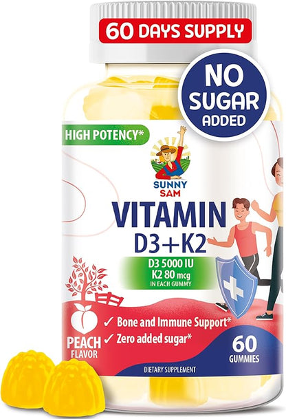 SUNNY SAM Sugar-Free Vitamin D3 K2 Gummies 5000 IU - Immune & Bone Support Gummies - Vitamin D Gummy Supplement for Adults - High-Absorption, Vegan, Halal, Gluten-Free Chewable Vitamins