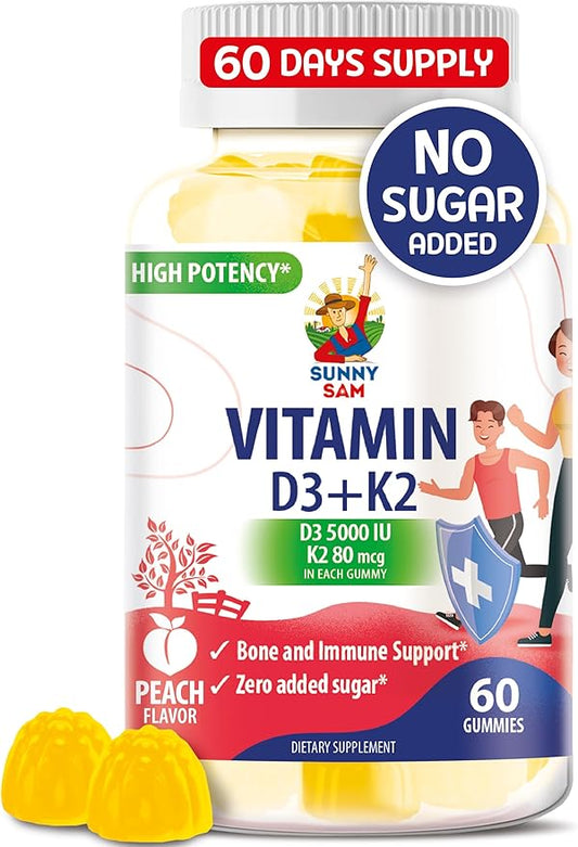 SUNNY SAM Sugar-Free Vitamin D3 K2 Gummies 5000 IU - Immune & Bone Support Gummies - Vitamin D Gummy Supplement for Adults - High-Absorption, Vegan, Halal, Gluten-Free Chewable Vitamins