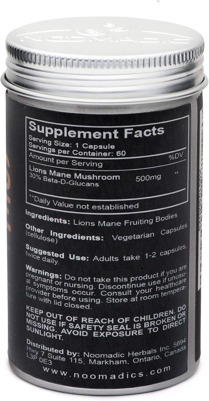 Lion's Mane Mushroom, 60 Capsules | 500mg Each, Nerve Growth Factor (NGF) & Nootropic (Focus, Memory, BDNF), Hot Water Extract, Wood Grown, Fruiting Bodies, 30% Beta-D-Glucans