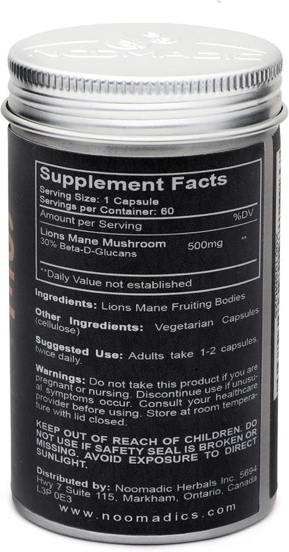 Lion's Mane Mushroom, 60 Capsules | 500mg Each, Nerve Growth Factor (NGF) & Nootropic (Focus, Memory, BDNF), Hot Water Extract, Wood Grown, Fruiting Bodies, 30% Beta-D-Glucans