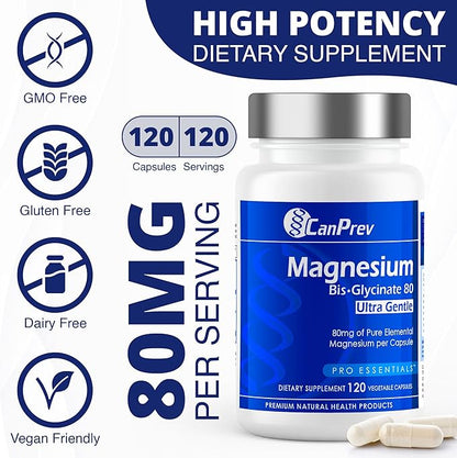 CanPrev Magnesium Biglycinate Chelated 80mg Ultra Gentle 120 V-Caps 120-Day Supply - Support Muscle Function, Bone Strength & Relaxation, Pure Magnesium Bisglycinate Formula, Promote Comfort & Balance