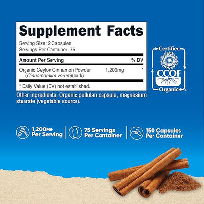 Nutricost Organic Cinnamon (Ceylon Cinnamon) 1,200mg Serving, 150 Capsules - Gluten Free, Non-GMO