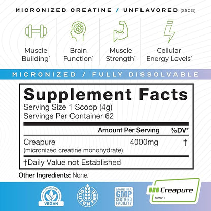 Muscle Feast Creapure Micro - Micronized Creatine Monohydrate Powder | Premium Pre-Workout or Post-Workout | Easy to Mix, Gluten-Free, Safe and Pure (Unflavored, 250g)
