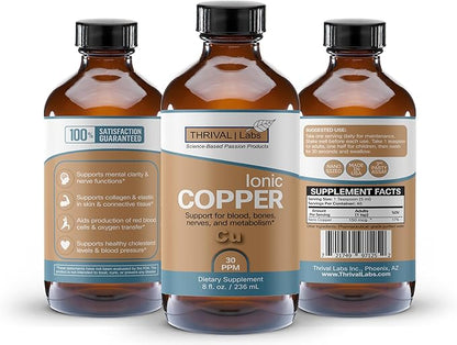 Ionic Colloidal Copper Liquid (30 PPM) | Mental Clarity & Nerve Function | Hair, Skin, Nails & Collagen | Red Blood Cells & Energy Production | Cholesterol Levels & Blood Pressure (16oz)
