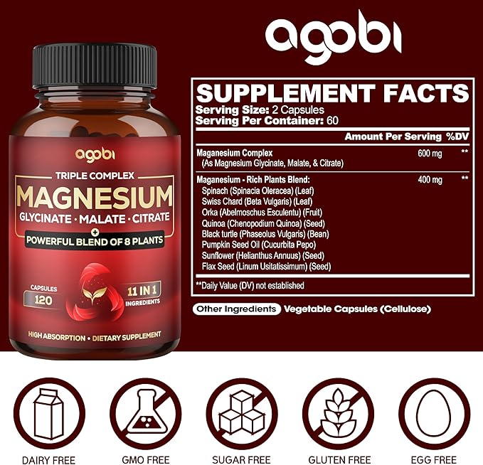 Magnesium Triple Complex - 600mg Magnesium Glycinate, Malate & Citrate - Added Spinach, Swiss Chard & Others - Support Calm, Restful Mood & Muscle Cramp - 120 Capsules