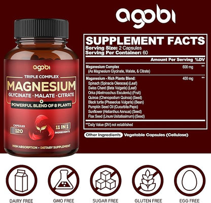 Magnesium Triple Complex - 600mg Magnesium Glycinate, Malate & Citrate - Added Spinach, Swiss Chard & Others - Support Calm, Restful Mood & Muscle Cramp - 120 Capsules