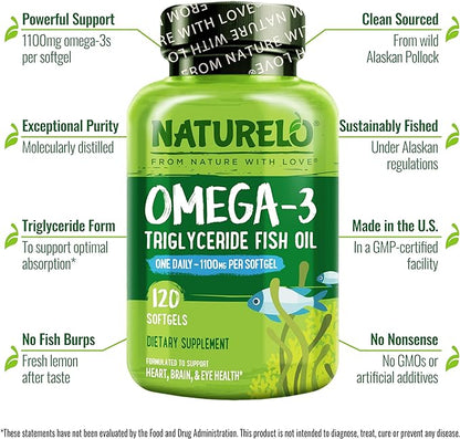NATURELO Burpless Omega 3 Fish Oil Supplement - 1100mg Triglyceride Omega-3, EPA + DHA, Liquid Fish Oil Omega 3 for Heart, Eye, Brain, Joint Health - 120 Softgels, 4 Months Supply