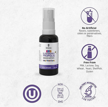 Bee and You, Kids Immune Support Supplement Throat Spray, Elderberry, Raw Honey, Propolis Extract, Vitamin C, Strawberry Juice, Antioxidants, Sore Throat Relief, 1 fl. Oz