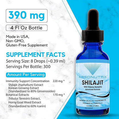 Absonutrix Shilajit with Tribulus Terrestris 390 mg, 4 Oz Liquid, 300 Servings, Made in USA, Quick Absorption, Quality Potent Ingredients, Non-GMO, GMP Certified Facility, Cruelty-Free Products